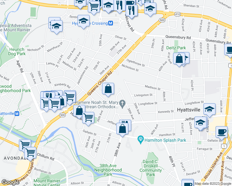 map of restaurants, bars, coffee shops, grocery stores, and more near 5712 37th Ave in Hyattsville