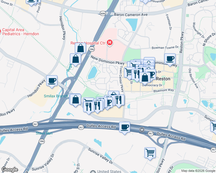 map of restaurants, bars, coffee shops, grocery stores, and more near 1867 Crescent Park Drive in Reston