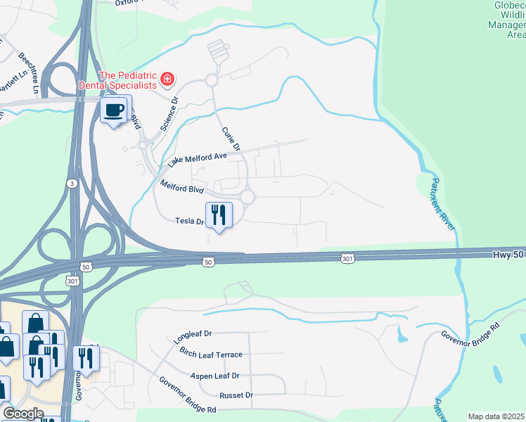 map of restaurants, bars, coffee shops, grocery stores, and more near 17301 Melford Boulevard in Bowie