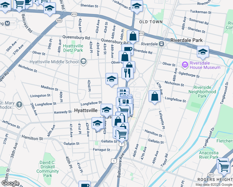 map of restaurants, bars, coffee shops, grocery stores, and more near 5806 Lustine Street in Hyattsville
