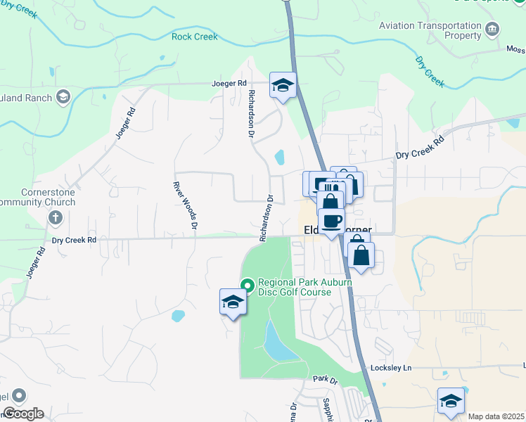 map of restaurants, bars, coffee shops, grocery stores, and more near 4045 Richardson Drive in Auburn