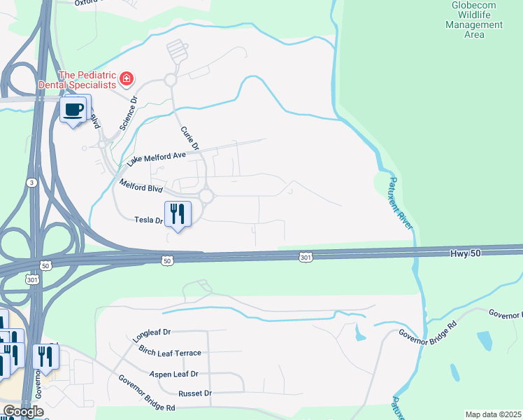 map of restaurants, bars, coffee shops, grocery stores, and more near 17341 Melford Boulevard in Bowie
