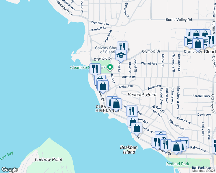 map of restaurants, bars, coffee shops, grocery stores, and more near 3791 Robinson Avenue in Clearlake