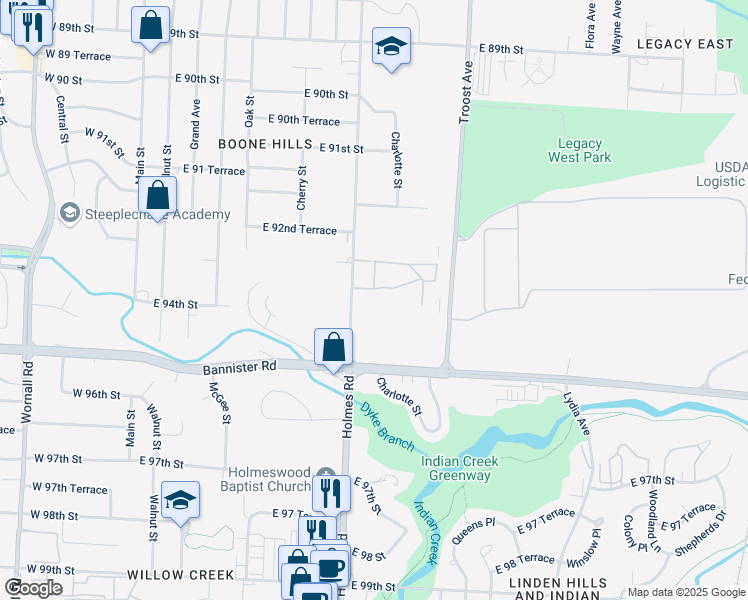 map of restaurants, bars, coffee shops, grocery stores, and more near 9425 Holmes Road in Kansas City