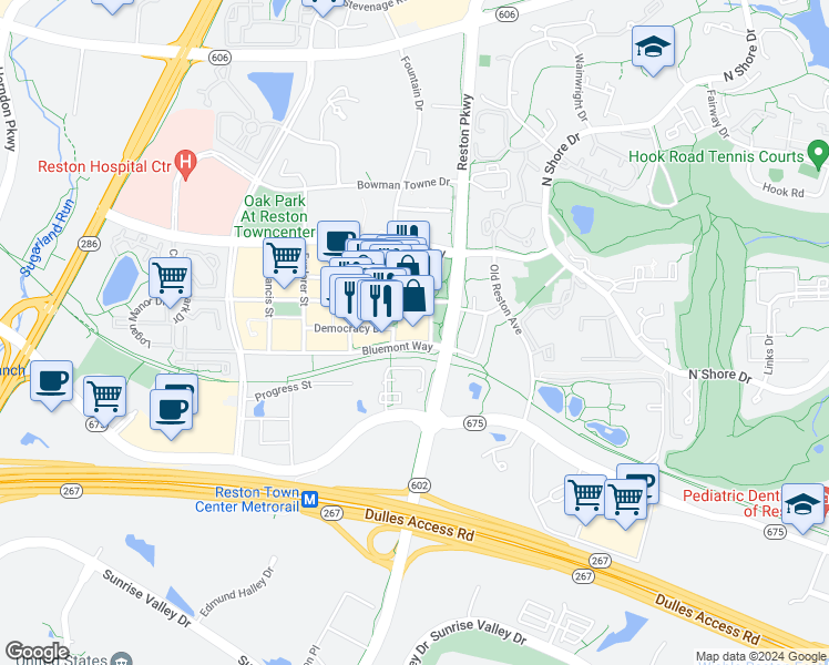 map of restaurants, bars, coffee shops, grocery stores, and more near 1800 Presidents Street in Reston