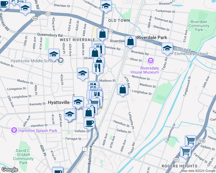 map of restaurants, bars, coffee shops, grocery stores, and more near Garfield Street in Hyattsville