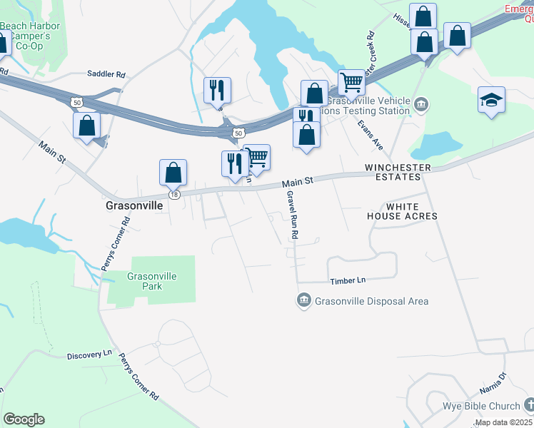 map of restaurants, bars, coffee shops, grocery stores, and more near Schoolhouse Lane in Grasonville