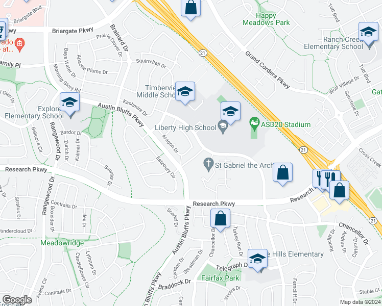 map of restaurants, bars, coffee shops, grocery stores, and more near 8875 Aragon Drive in Colorado Springs