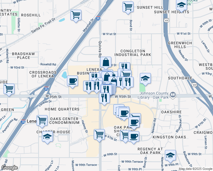 map of restaurants, bars, coffee shops, grocery stores, and more near 11860 West 95th Street in Overland Park