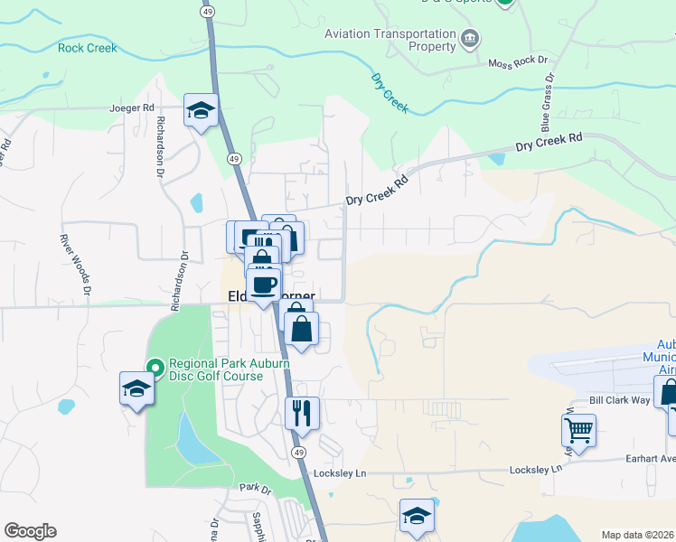map of restaurants, bars, coffee shops, grocery stores, and more near 12175 Dry Creek Road in Auburn
