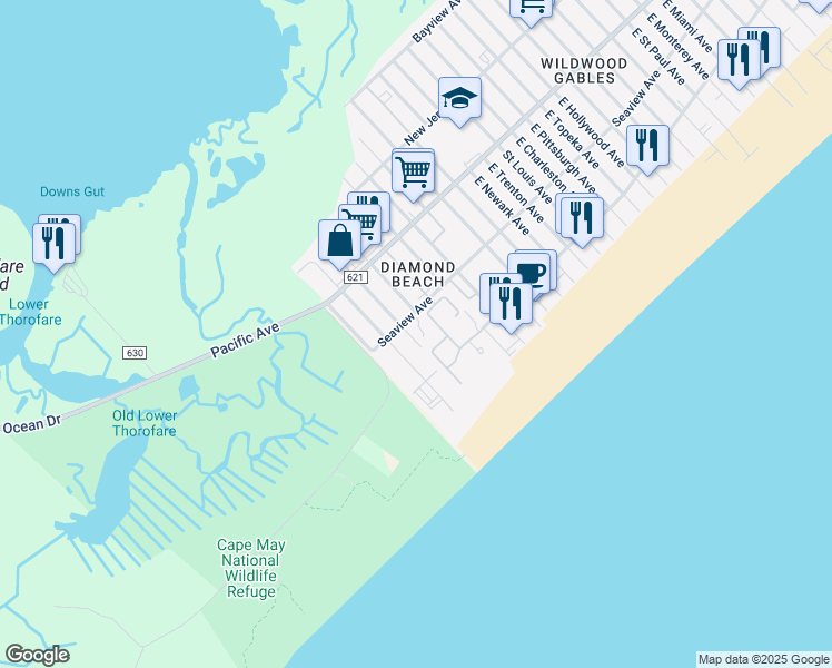 map of restaurants, bars, coffee shops, grocery stores, and more near 320 South Station Avenue in Wildwood