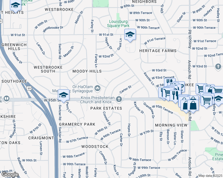 map of restaurants, bars, coffee shops, grocery stores, and more near 9445 Connell Drive in Overland Park