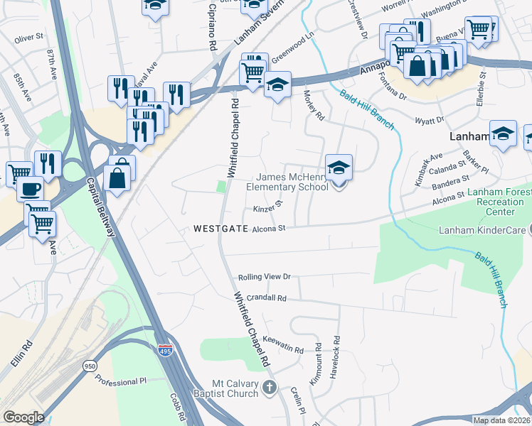 map of restaurants, bars, coffee shops, grocery stores, and more near 9109 Kinzer Street in Lanham