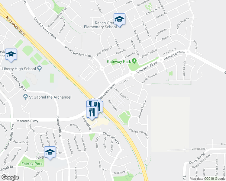 map of restaurants, bars, coffee shops, grocery stores, and more near 5329 Snowy Egret Grove in Colorado Springs