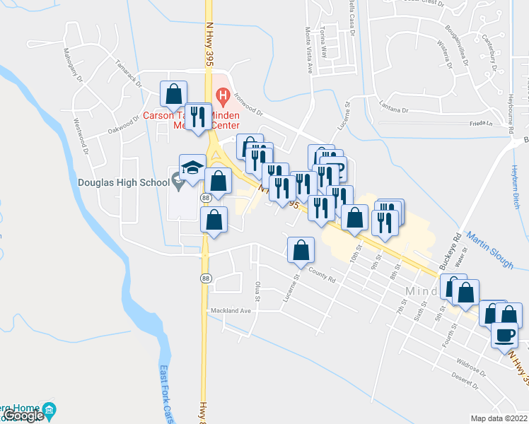 map of restaurants, bars, coffee shops, grocery stores, and more near 1670 U.S. Highway 395 North in Minden
