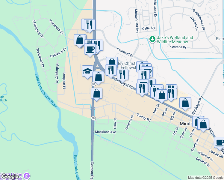 map of restaurants, bars, coffee shops, grocery stores, and more near 1678 U.S. Highway 395 North in Minden