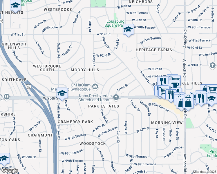 map of restaurants, bars, coffee shops, grocery stores, and more near 9445 Connell Drive in Overland Park