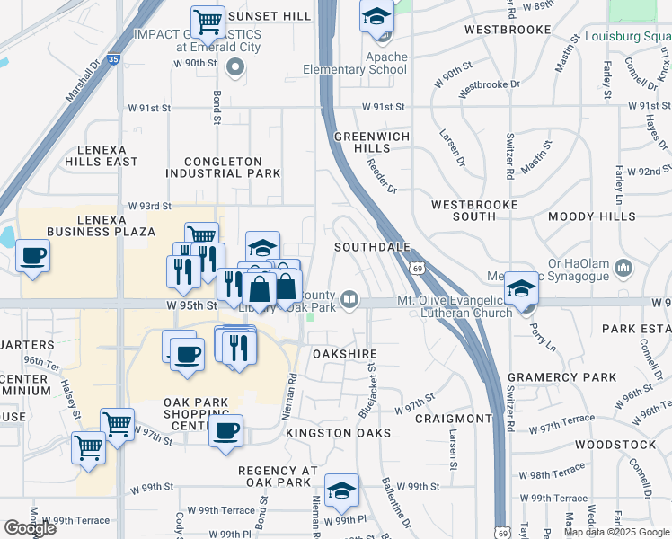 map of restaurants, bars, coffee shops, grocery stores, and more near 9321 Reeder Drive in Overland Park