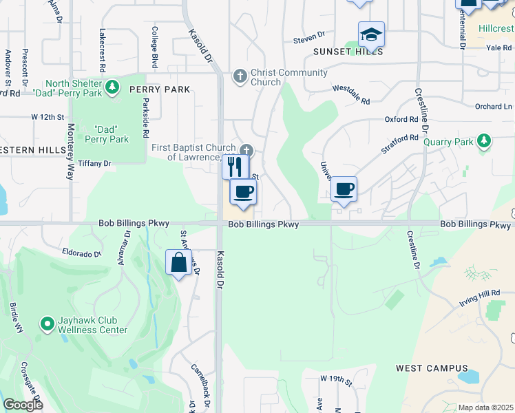 map of restaurants, bars, coffee shops, grocery stores, and more near 1403 Apple Lane in Lawrence