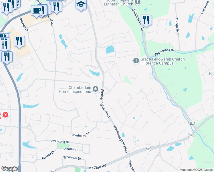 map of restaurants, bars, coffee shops, grocery stores, and more near 4048 Calvert Court in Florence
