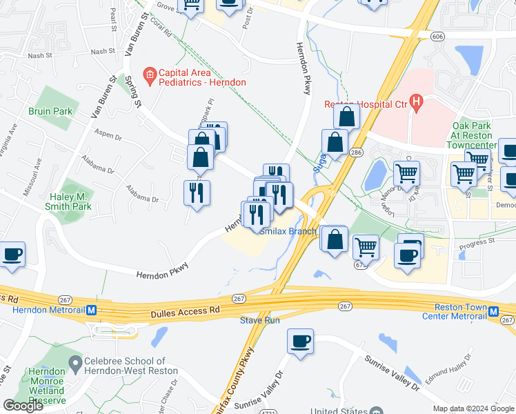 map of restaurants, bars, coffee shops, grocery stores, and more near 459 Herndon Parkway in Herndon