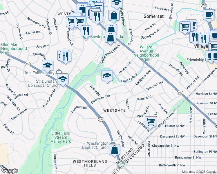map of restaurants, bars, coffee shops, grocery stores, and more near 5110 Allan Terrace in Bethesda