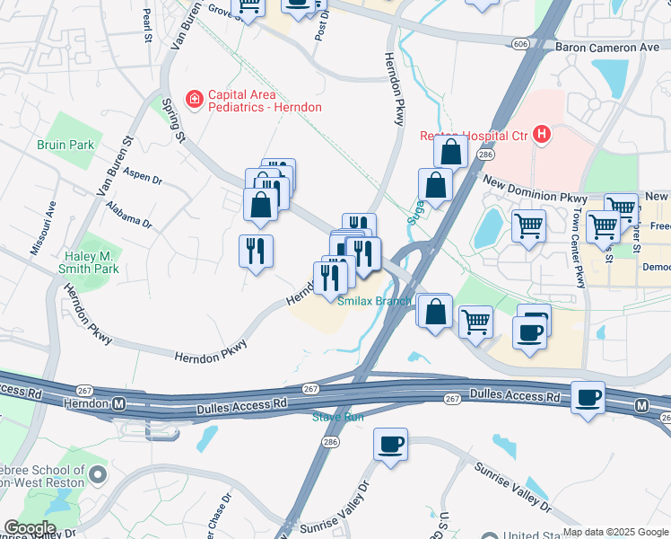 map of restaurants, bars, coffee shops, grocery stores, and more near 459 Herndon Parkway in Herndon