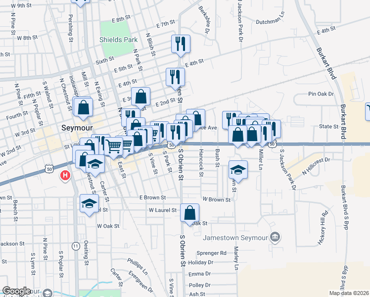 map of restaurants, bars, coffee shops, grocery stores, and more near 600 East Tipton Street in Seymour