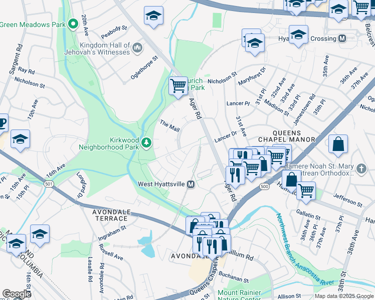 map of restaurants, bars, coffee shops, grocery stores, and more near 5678 Little Branch Run in Hyattsville