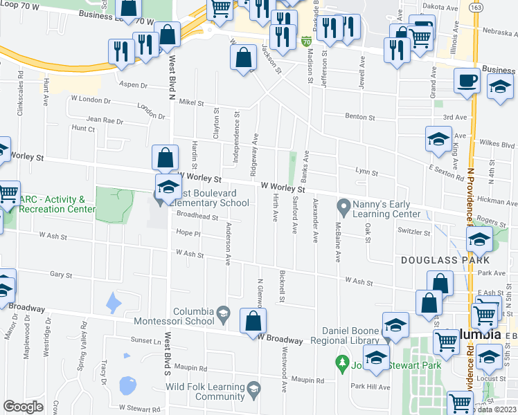 map of restaurants, bars, coffee shops, grocery stores, and more near 404 Ridgeway Avenue in Columbia