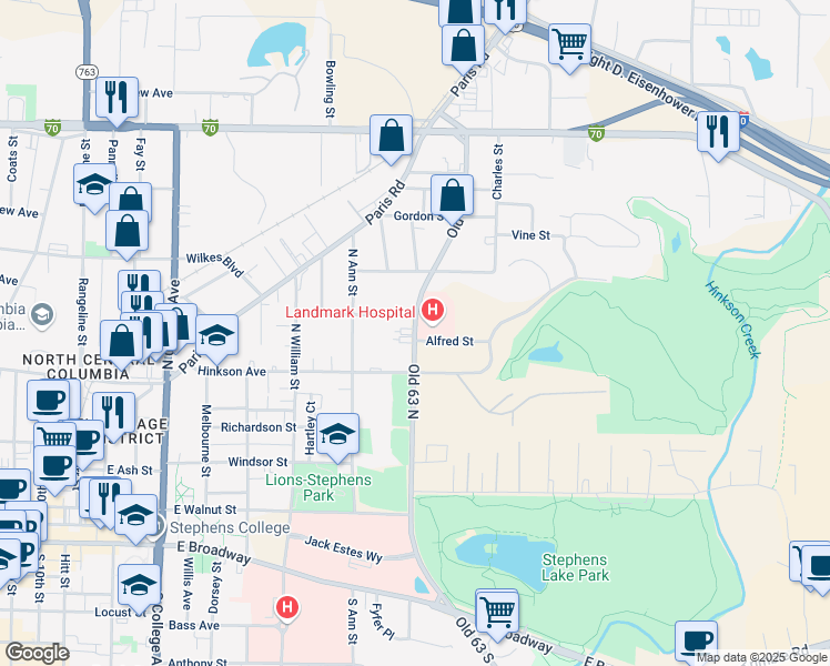 map of restaurants, bars, coffee shops, grocery stores, and more near Old 63 North in Columbia