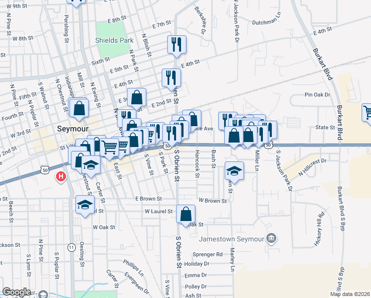 map of restaurants, bars, coffee shops, grocery stores, and more near 600 East Tipton Street in Seymour