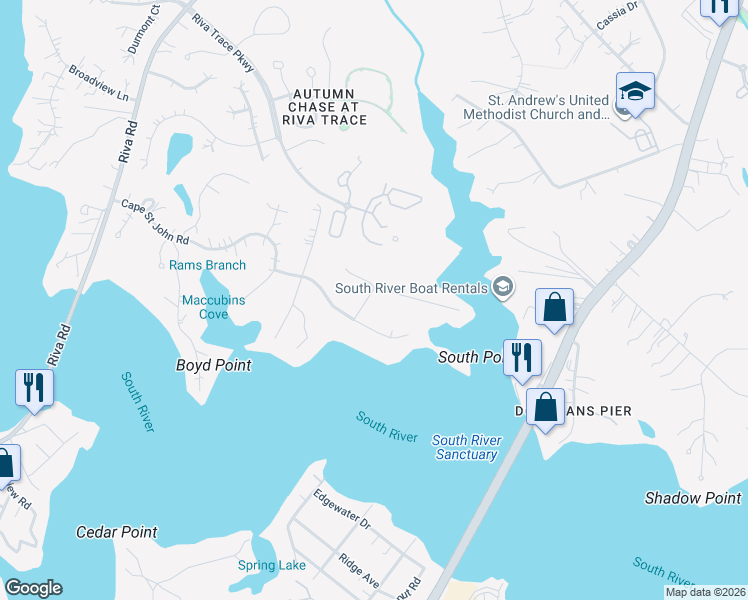 map of restaurants, bars, coffee shops, grocery stores, and more near 157 Island View Drive in Annapolis