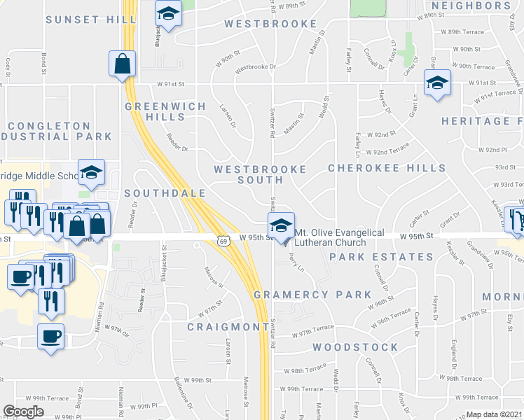 map of restaurants, bars, coffee shops, grocery stores, and more near 10305 West 93rd Terrace in Overland Park
