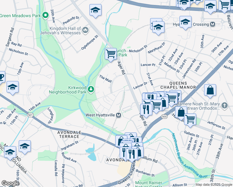 map of restaurants, bars, coffee shops, grocery stores, and more near 5678 Little Branch Run in Hyattsville