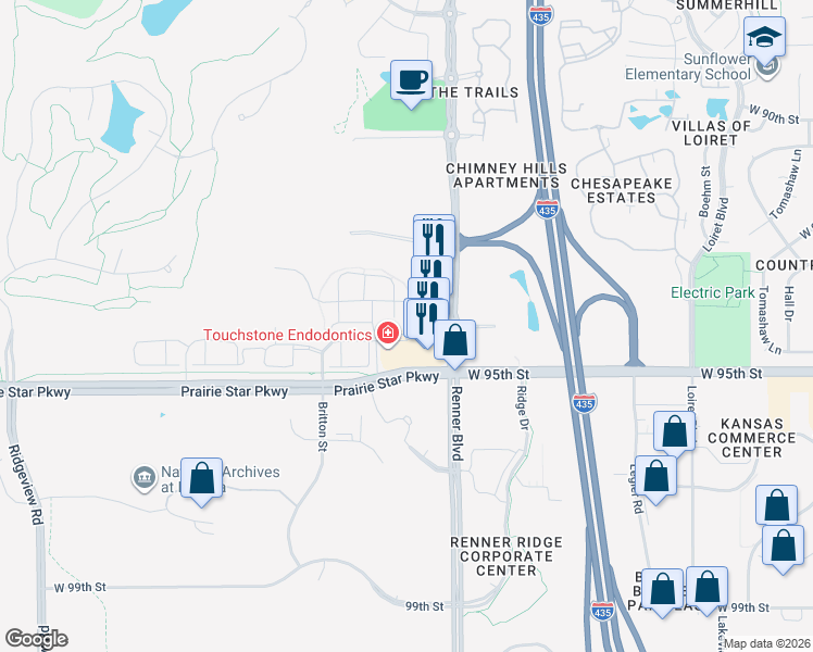 map of restaurants, bars, coffee shops, grocery stores, and more near 9395 Scarborough Street in Lenexa