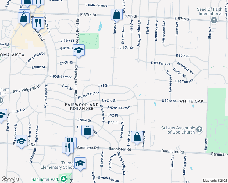 map of restaurants, bars, coffee shops, grocery stores, and more near 8602 East 91st Terrace in Kansas City