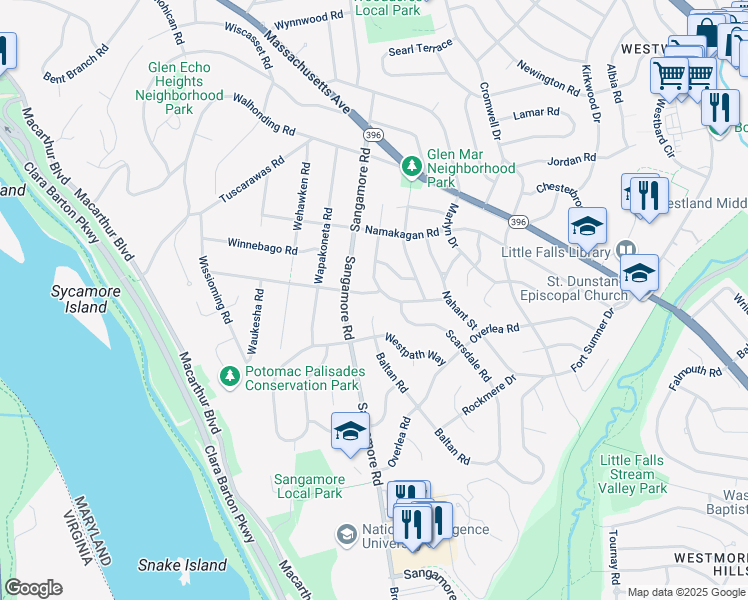 map of restaurants, bars, coffee shops, grocery stores, and more near 6002 Madawaska Road in Bethesda
