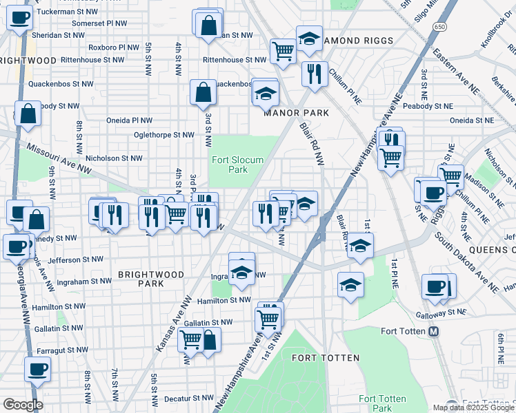 map of restaurants, bars, coffee shops, grocery stores, and more near 133 Longfellow Street Northwest in Washington