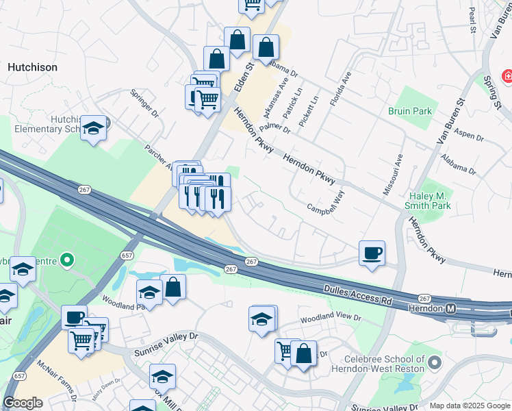 map of restaurants, bars, coffee shops, grocery stores, and more near Raven Tower Court in Herndon