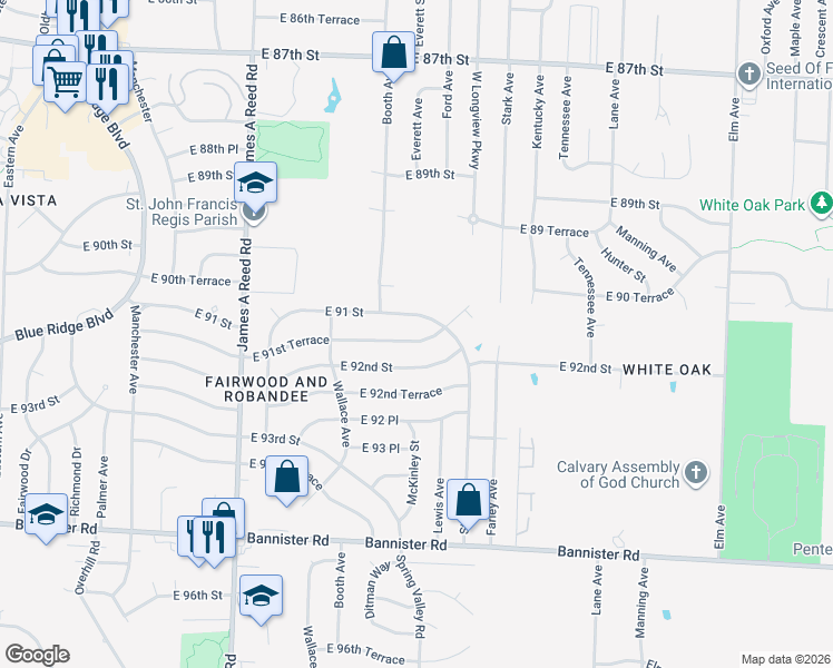 map of restaurants, bars, coffee shops, grocery stores, and more near 8708 East 91st Terrace in Kansas City