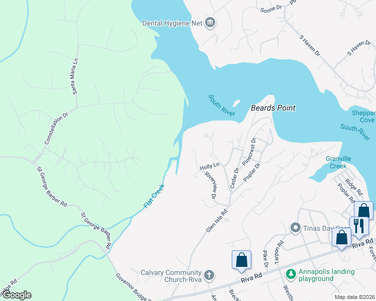 map of restaurants, bars, coffee shops, grocery stores, and more near 2710A Riverview Drive in Riva