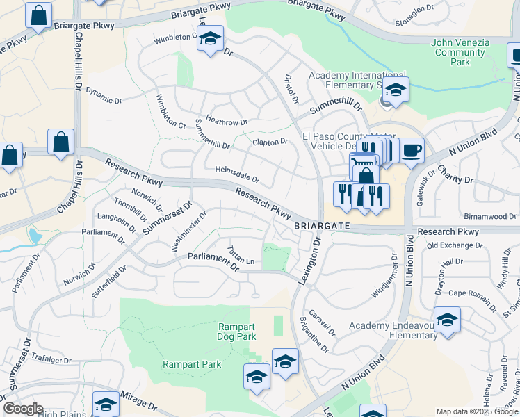 map of restaurants, bars, coffee shops, grocery stores, and more near 8740 Westminster Drive in Colorado Springs