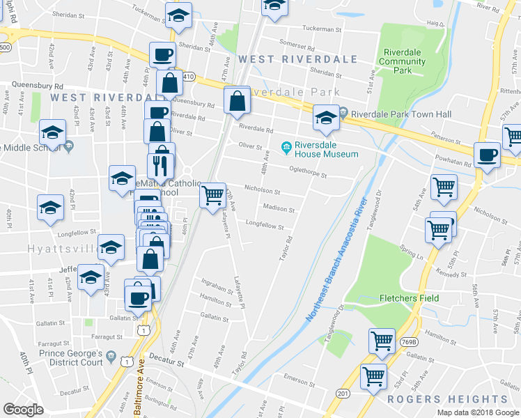 map of restaurants, bars, coffee shops, grocery stores, and more near 4801 Madison Street in Riverdale Park