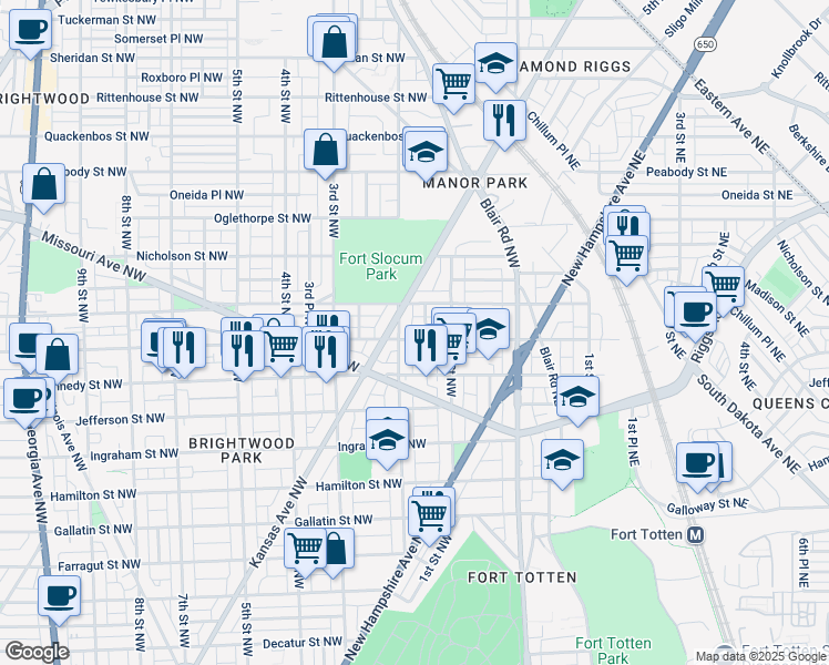 map of restaurants, bars, coffee shops, grocery stores, and more near 133 Longfellow Street Northwest in Washington