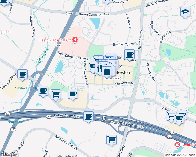 map of restaurants, bars, coffee shops, grocery stores, and more near 12025 Town Square Street in Reston