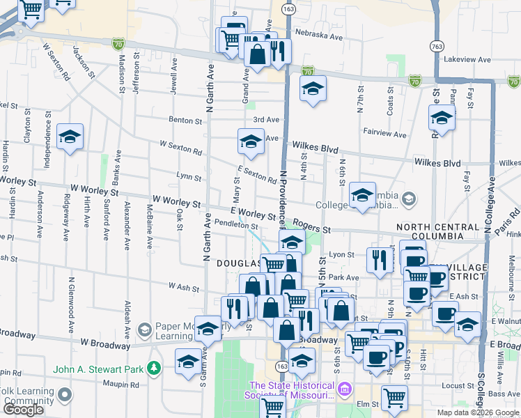 map of restaurants, bars, coffee shops, grocery stores, and more near 109 E Worley St in Columbia