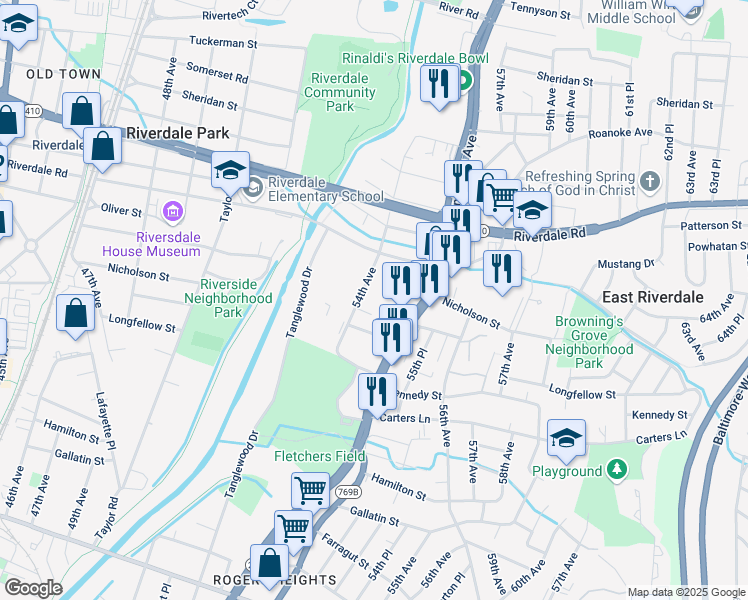 map of restaurants, bars, coffee shops, grocery stores, and more near 5601 54th Avenue in Riverdale Park