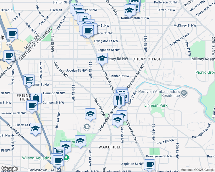 map of restaurants, bars, coffee shops, grocery stores, and more near 3709 Huntington Street Northwest in Washington