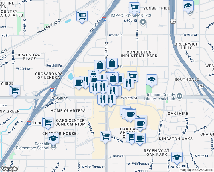 map of restaurants, bars, coffee shops, grocery stores, and more near 9435 South Quivira Road in Overland Park